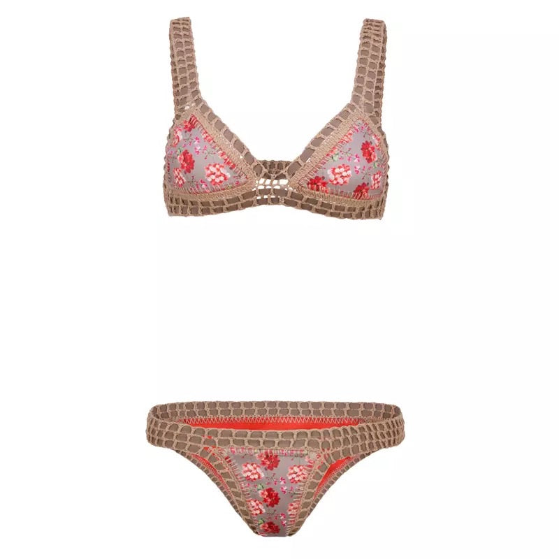 Karla Suit | Coral Red, Tan and Flowers