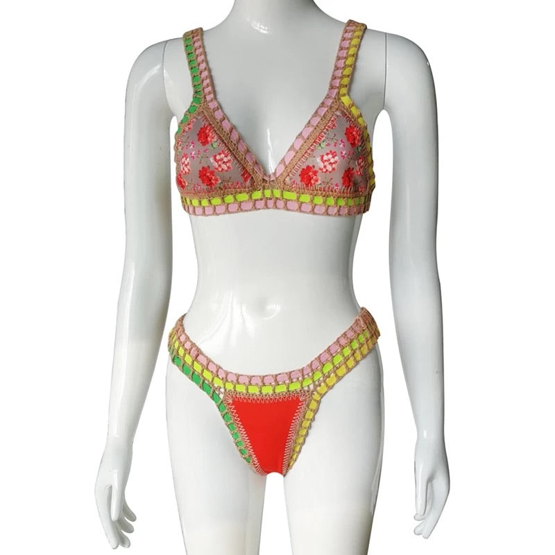 Karla Suit | Coral Red, Green and Flowers